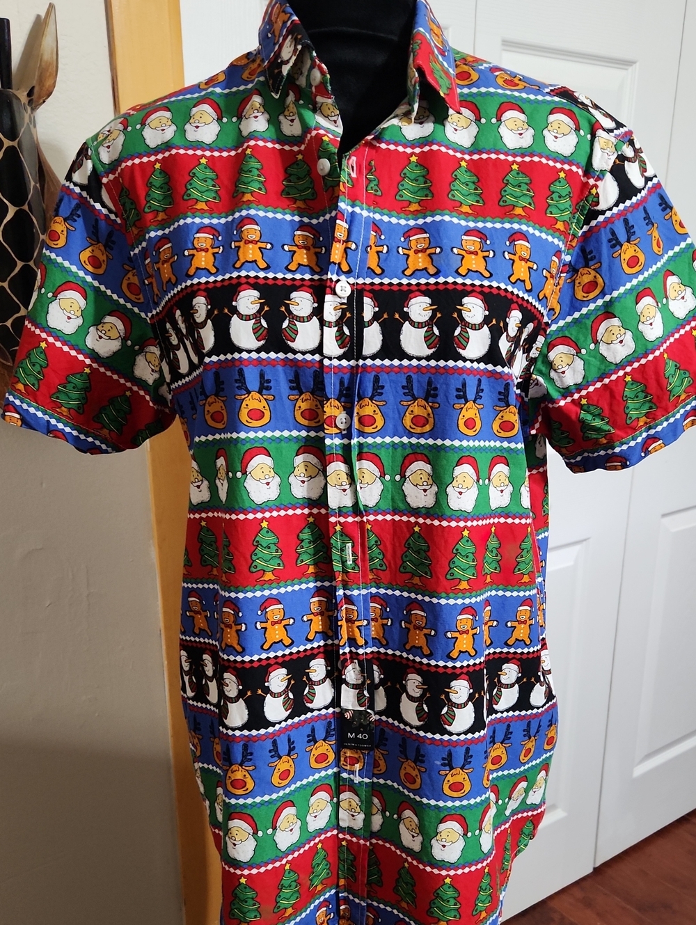 Denim & Flower Red Green Blue Christmas Print Button-Down Shirt